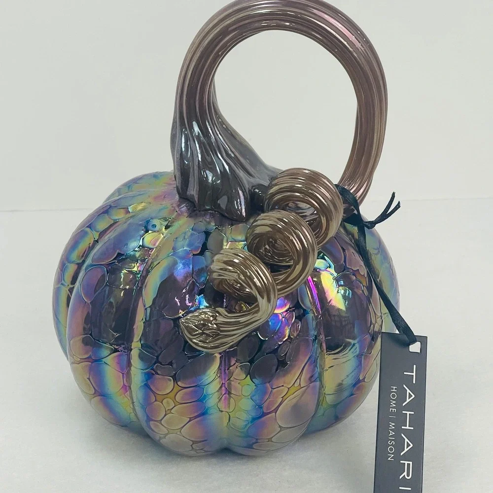 Tahari Home Iridescent Glass Pumpkin Oil Slick Rainbow Bubble Decor 7.5 Inch NEW